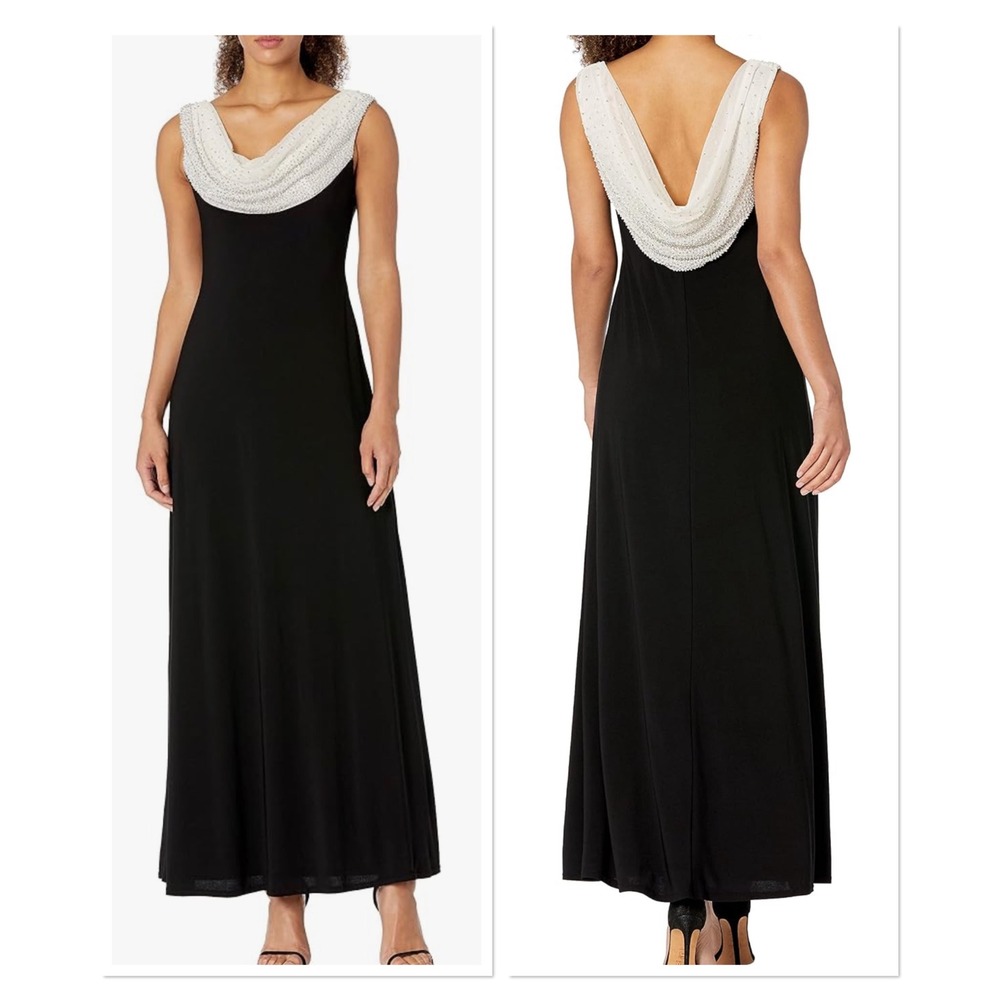 Cachet Y2K Black White Rhinestone Beaded Cowl Neck Evening Gown Dress Formal 10